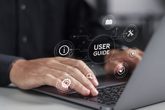 User manual guide concept, Online instruction manual and strategy advice. Person using laptop with virtual user guide icon for business service.