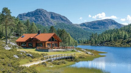 Fototapeta premium Lakeside cabin nestled in a mountain valley