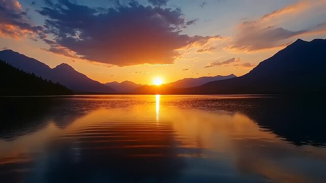 Breathtaking Sunset Over Mountain Lake with Reflections and Colors