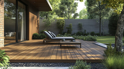 Obraz premium Modern patio setup with lounge chairs on wooden deck