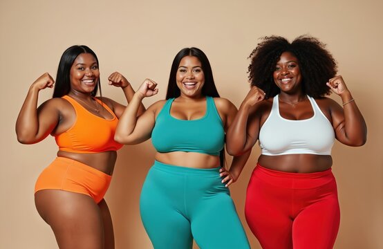 Three diverse plus size women flexing arms show confidence. Happy ladies wear sportswear, ready fitness training. Body positive, acceptance, self-love, healthy lifestyle concept, celebrating beauty,