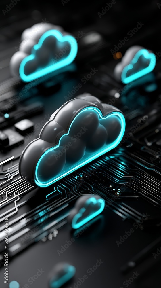 Poster luminous cloud icons are linked together on a digital blue landscape representing tech security conc