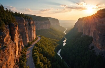 Scenic view of Spearfish Canyon Byway at sunset. Dramatic cliffs, winding road in rich green forest. Beautiful nature landscape with mountains, river, sunbeams illuminate canyon. Travel to South