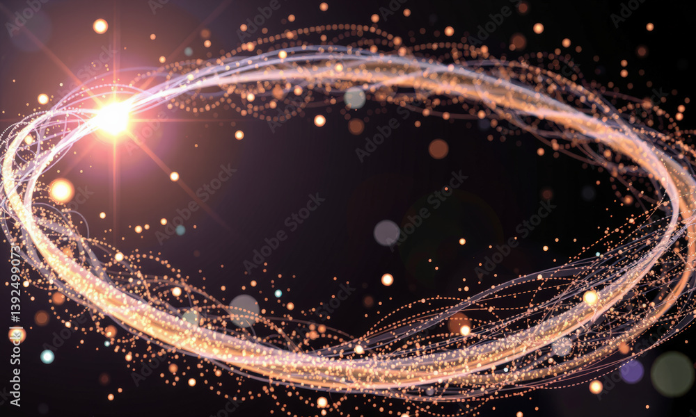 Poster mesmerizing display of swirling light particles creates dynamic circular pattern, evoking sense of e