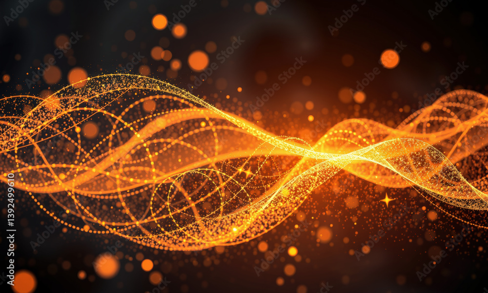 Poster vibrant abstract representation of energy waves with glowing orange particles, creating dynamic and 