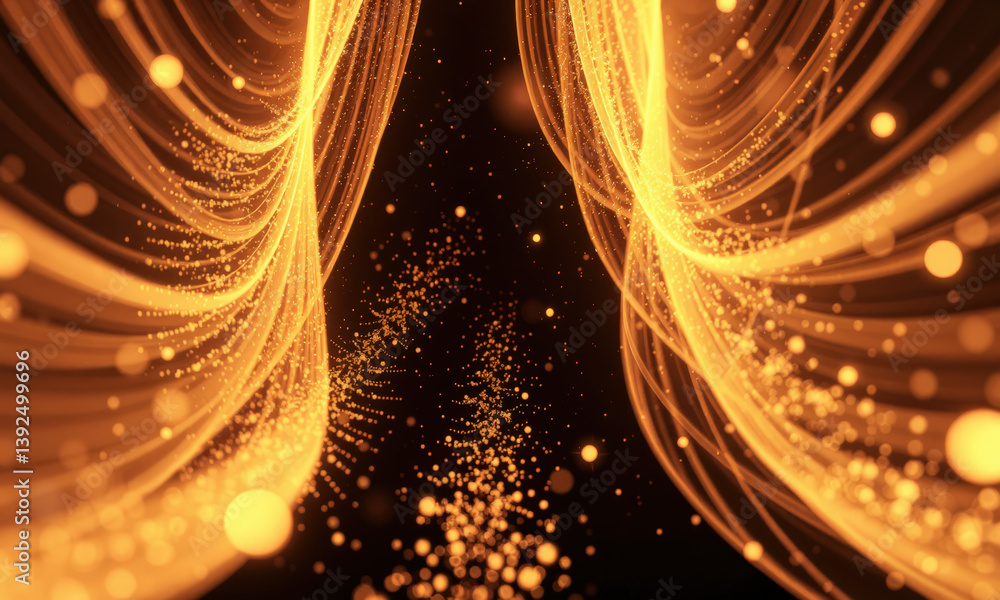 Poster mesmerizing display of glowing orange particles and flowing lines creates dynamic visual effect, evo