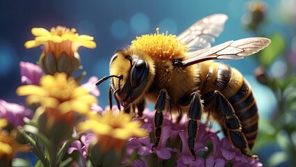 Close-up of a honeybee covered in pollen, perched on a vibrant pink flower