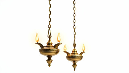 Elegant Brass Hanging Oil Lamps with Flames