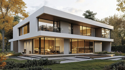 Fototapeta premium Modern Scandinavian villa with white facade and large windows, surrounded by nature