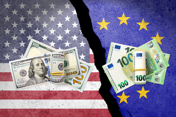100 dollars and 100 euros on a white background with word Tariffs. US and EU trade, duty and...