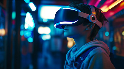 A teenager plays a VR game, immersed in futuristic technology and metaverse themes, showcasing the excitement and innovation of digital gaming.

