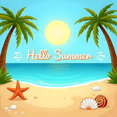Sunny Beach Paradise: Palm Trees, Starfish, and Summer's Embrace