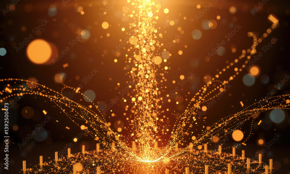 Poster mesmerizing display of golden particles and light beams creating dynamic explosion effect, symbolizi