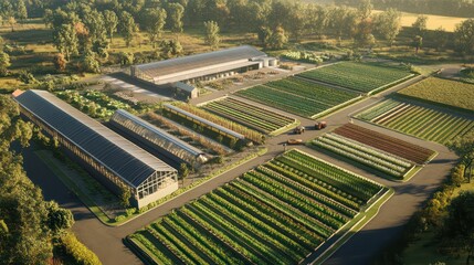 Fototapeta premium Aerial view of a modern vegetable farm with vast green fields and high-tech equipment, showcasing efficient and advanced agriculture.