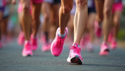 Group of women run breast cancer awareness marathon in pink shoes. Athletic event promotes health. Female runners show solidarity support cause. People in motion, active lifestyle, fighting against