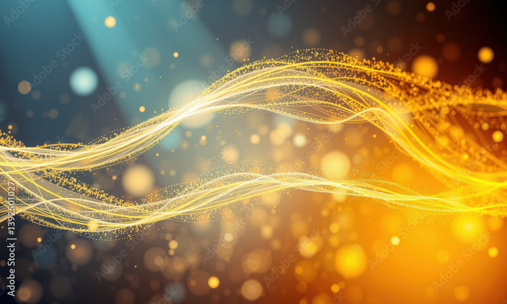 Poster abstract wave design with glowing particles in vibrant colors, creating sense of motion and energy. 