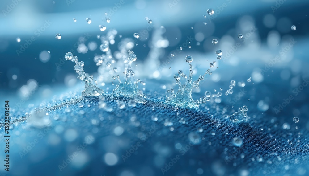 Poster high-definition view textile cleaning technology. water droplets removing dirt at microscopic level.