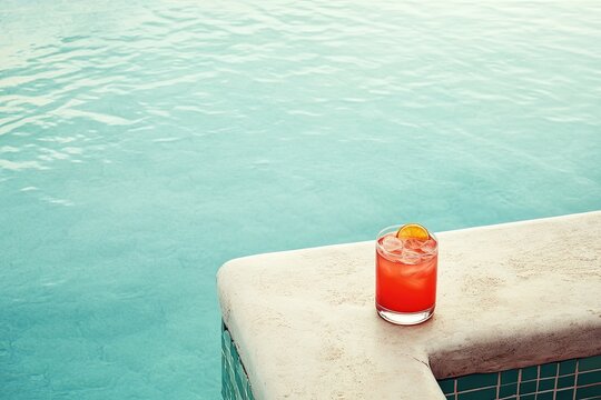Refreshing tropical cocktail with ice on ledge by the pool, vibrant red tones against deep blue water, perfect for summer vacation ads.