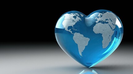 Heart-shaped globe symbolizing love for the world, showcasing continents in blue and silver, representing unity and peace among nations