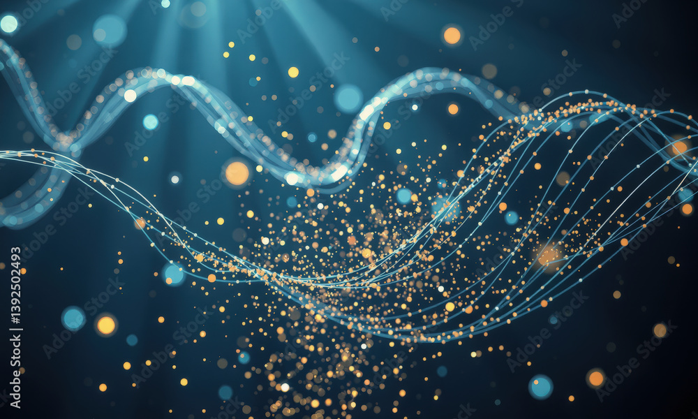 Poster mesmerizing abstract representation of subatomic particles, showcasing flowing waves and shimmering 