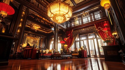 Luxurious interior of a vintage Chinese tea house with ornate wooden furniture, golden chandeliers, red lanterns, and an inviting atmosphere during golden hour