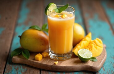 Fototapeta premium Refreshing mango drink in glass with lime slice. Delicious raw Aam Panna cocktail, healthy beverage, made with fresh mango fruit, vitamin source, Indian refreshment drink.