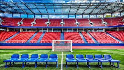 Bench in football stadium with red and blue seats, stadium, sports equipment,  stadium