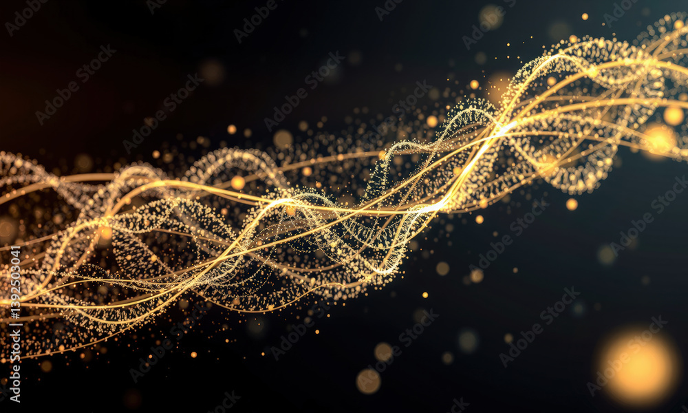 Poster mesmerizing display of golden waves and particles, creating sense of movement and energy in dark bac