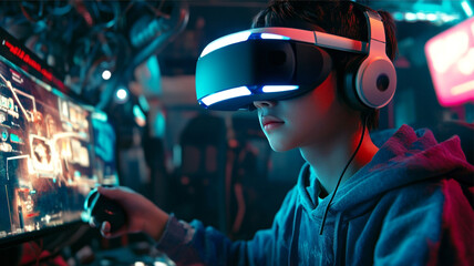 A teenager plays a VR game, immersed in futuristic technology and metaverse themes, showcasing the excitement and innovation of digital gaming.

