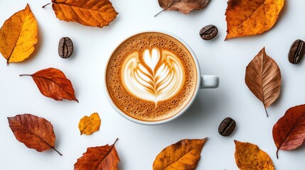 Autumnal coffee latte with fall leaves