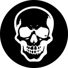 Stylized skull icon within a black circle evoking mortality and symbolism