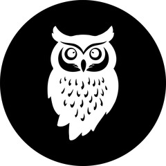 Stylized owl silhouette emblem against stark black circle backdrop composition