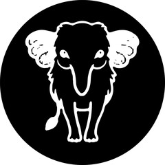 Stylized woolly mammoth depiction within stark contrasting circular frame