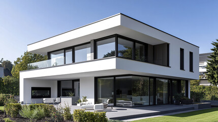 Modern white house with large windows and sleek design in lush garden setting