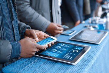 A group collaborating on a campaign launch plan with charts and mobile previews on a screen