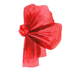 Red watercolor ribbon, satin bow. Decorative graphic element for cards, postcards, invitations, weddings and Christmas celebration on white background