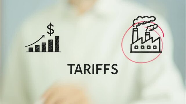 Business concept video showing a businessman drawing a circle around an industry icon and the word tariffs written on a transparent screen. Symbolizing the impact of tariffs on industrial production