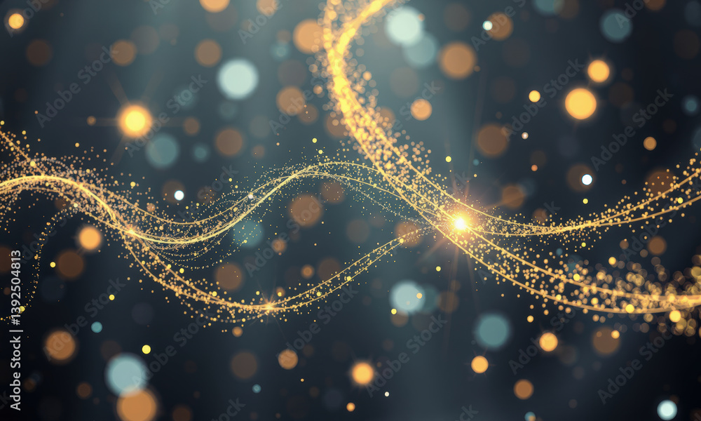 Poster mesmerizing display of golden particles swirling gracefully against dark background, creating sense 