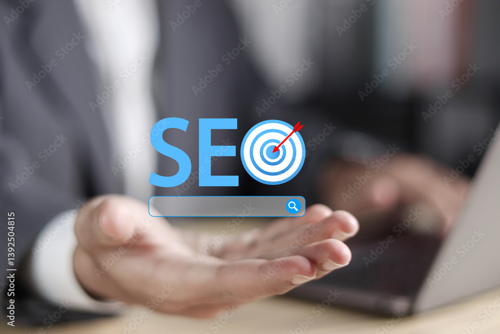 Poster search engine optimization concept. seo targeting and performance, marketing and strategy, analyzing