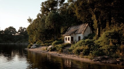 Obraz premium Nestled by a calm lake, the thatched-roof cottage glows warmly in the golden light of sunset.