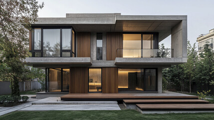 Modern two story house with large windows and wooden accents