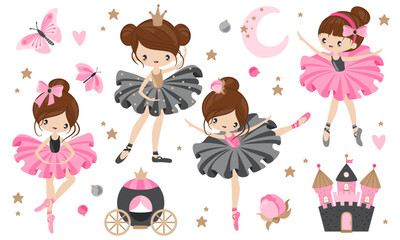Collection of little ballerinas in different clothes and poses. Castle, carriage, butterflies in children's style for personal design.
