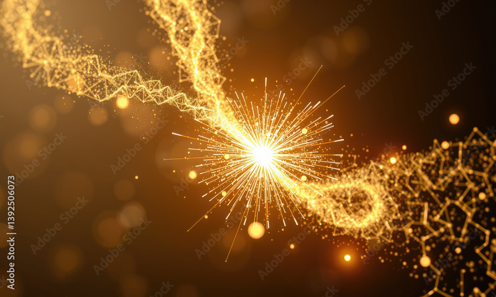 Poster stunning visualization of subatomic particles colliding, creating burst of energy and light. golden 