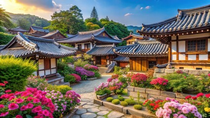 Fototapeta premium Traditional Korean village with well-preserved hanok houses amidst lush greenery and vibrant flowers , korean architecture, culture