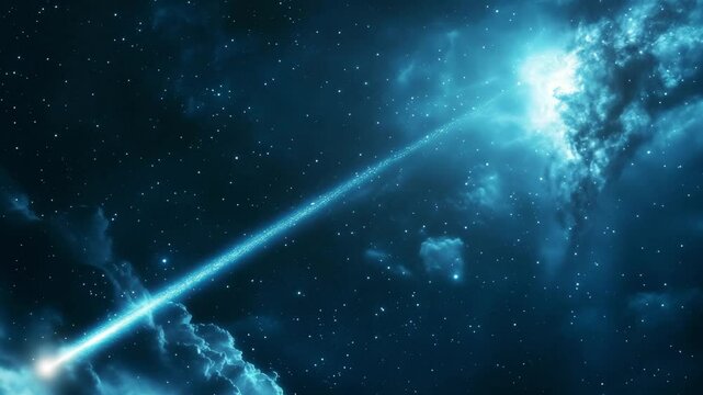 A comet travels through the dark universe, leaving a bright trail behind while stars shimmer in the vast sky