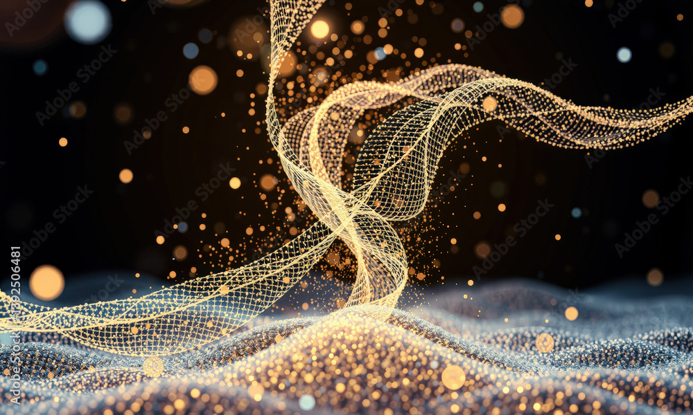 Poster mesmerizing abstract representation of flowing particles and waves, showcasing intricate patterns an