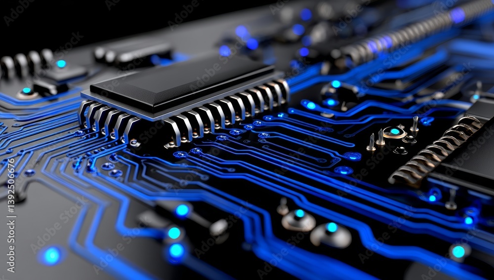 Poster a modern illustration featuring a circuit background with a prominent computer chip at its center, s
