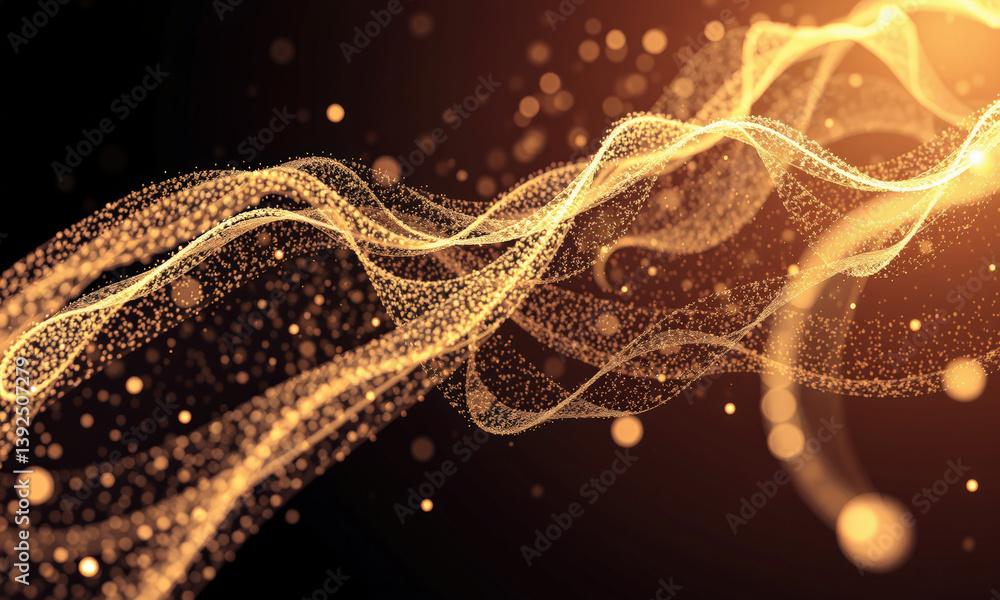 Poster mesmerizing display of golden waves and particles creates sense of movement and energy, evoking feel