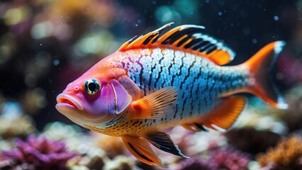 A vibrant, colorful fish with pink and yellow scales swims amidst coral reef.