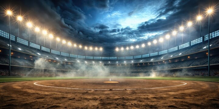 Eerie baseball field at dusk with smoke and dust amidst bright stadium lights, weathered, overcast,  weathered, overcast